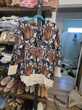 Anthropologie Floral Knit Sweater in Cream, Rust & Blue